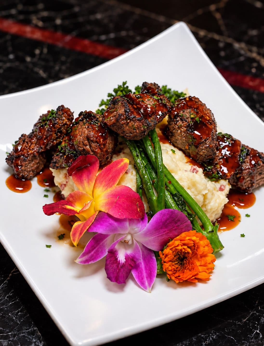 Glazed bites over mashed potatoes and asparagus