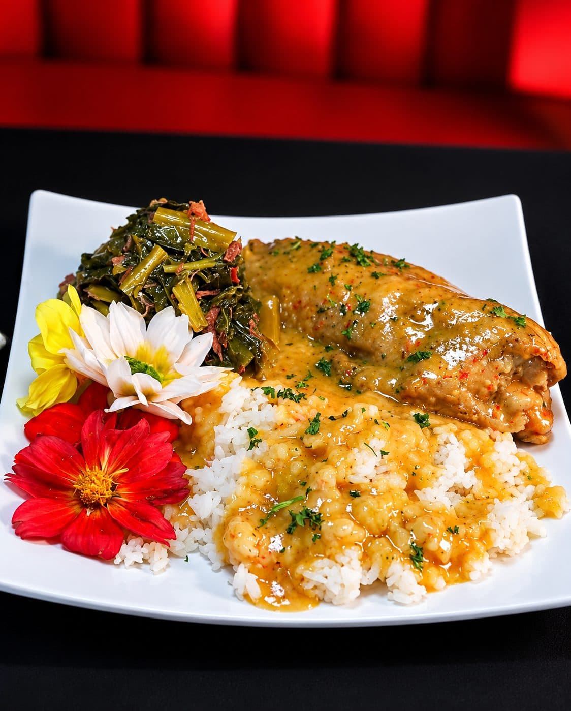 Smothered plate with collard greens, rice and gravy