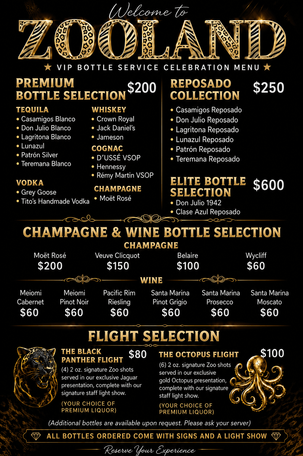 Zooland VIP bottle selection menu — premium bottles, reposado collection, champagne, wine and shot flights