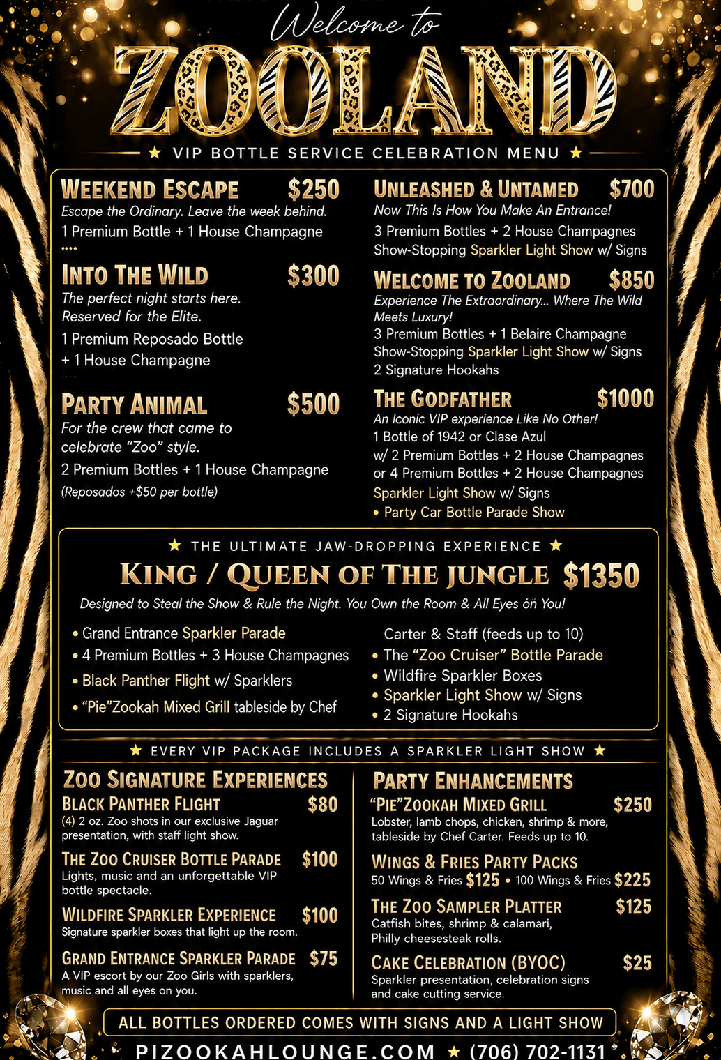 Zooland VIP Bottle Service Celebration Menu — party packages from Weekend Escape $250 to King/Queen of the Jungle $1350